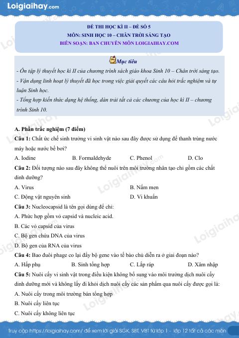 Đề thi học kì 2 Sinh 10 Chân trời sáng tạo - Đề số 5